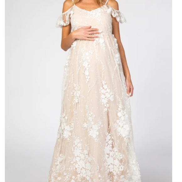NWT Ivory Floral Embroidered Mesh Maternity Evening Gown - Picture 3 of 9